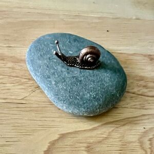 Decorative Bronze Metal Snail on Grey Smooth Stone
